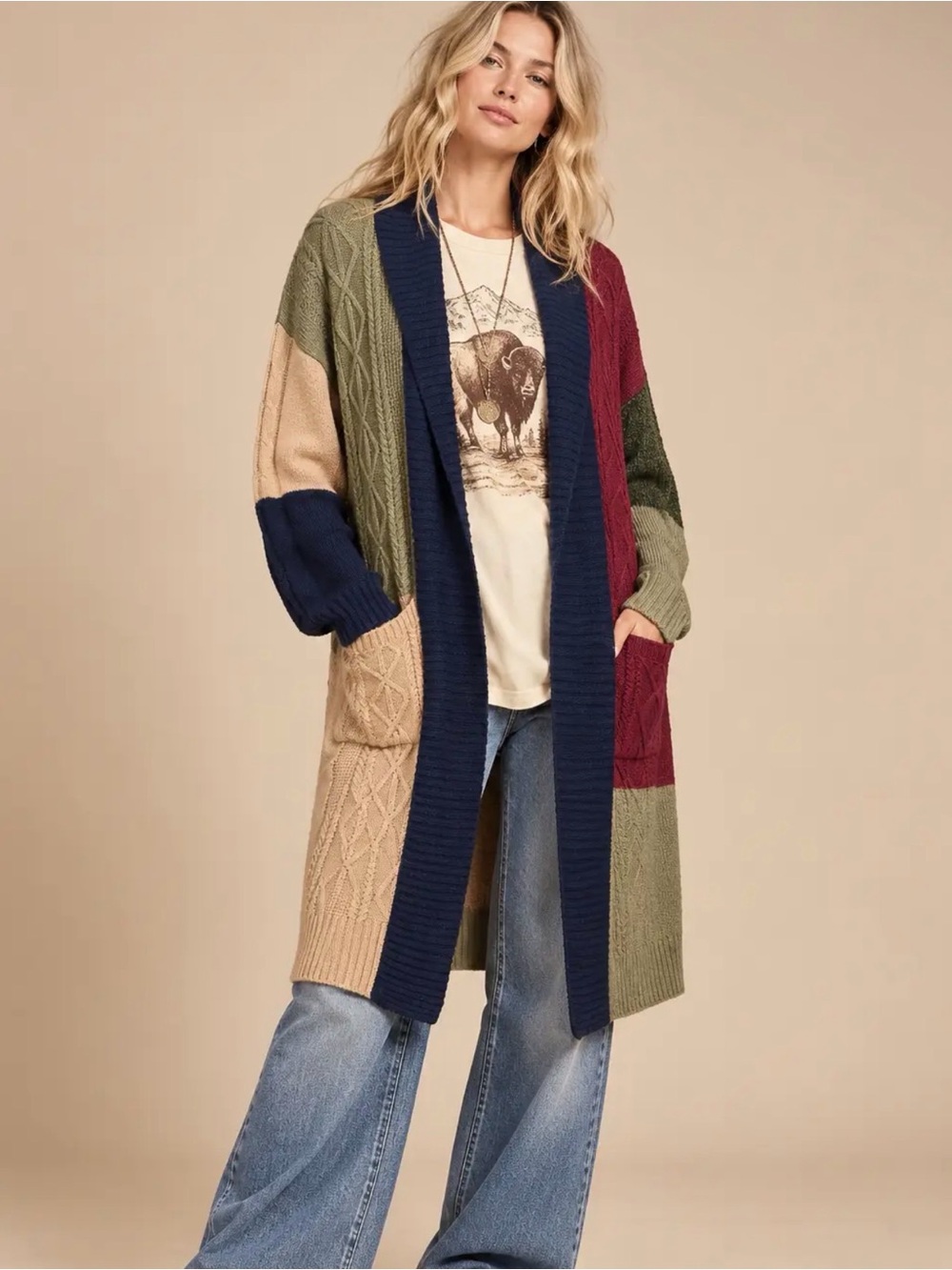Colorblock Cable Knit Long Cardigan - Navy, Olive & Beige